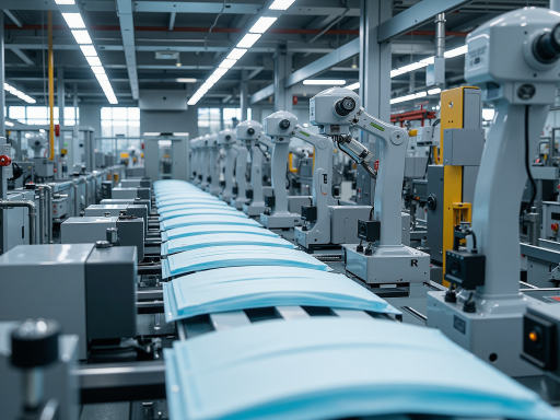 现代化滤清器生产线全景,工人正在操作设备,整洁明亮的车间环境,多台机器协同作业