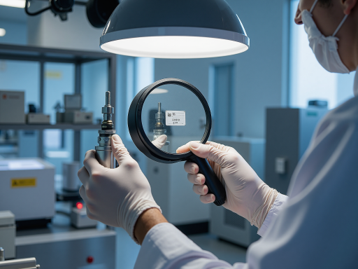 质检员使用精密仪器检测滤清器产品,实验室环境,各种检测设备整齐摆放